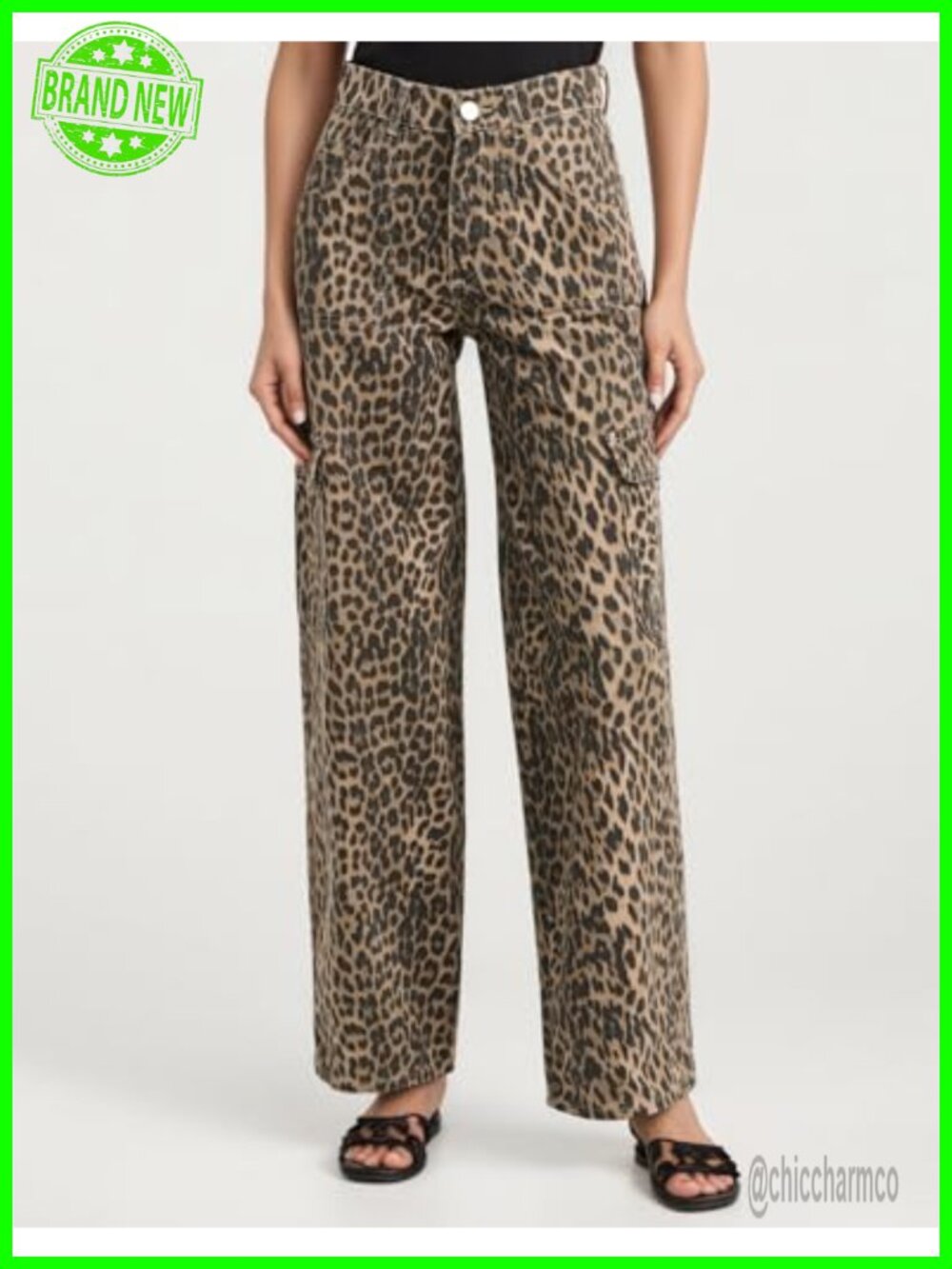 Women's Leopard Print Baggy Cargo Jeans Y2K Straight Leg Pants with Pockets - Picture 2 of 7